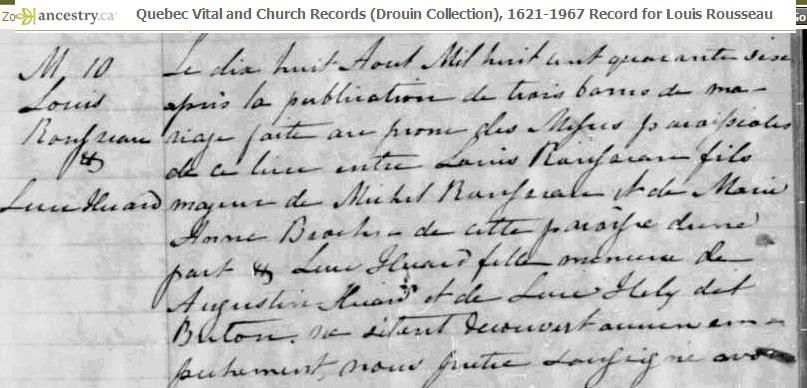 Image 3 from Drouin Collection Church Records for the marriage of Louis Rousseau to Luce Huard